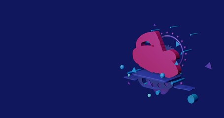 Naklejka premium Pink electric plane symbol on a pedestal of abstract geometric shapes floating in the air. Abstract concept art with flying shapes on the right. 3d illustration on indigo background