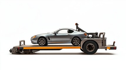 Fototapeta premium Silver car secured on a tow truck trailer.
