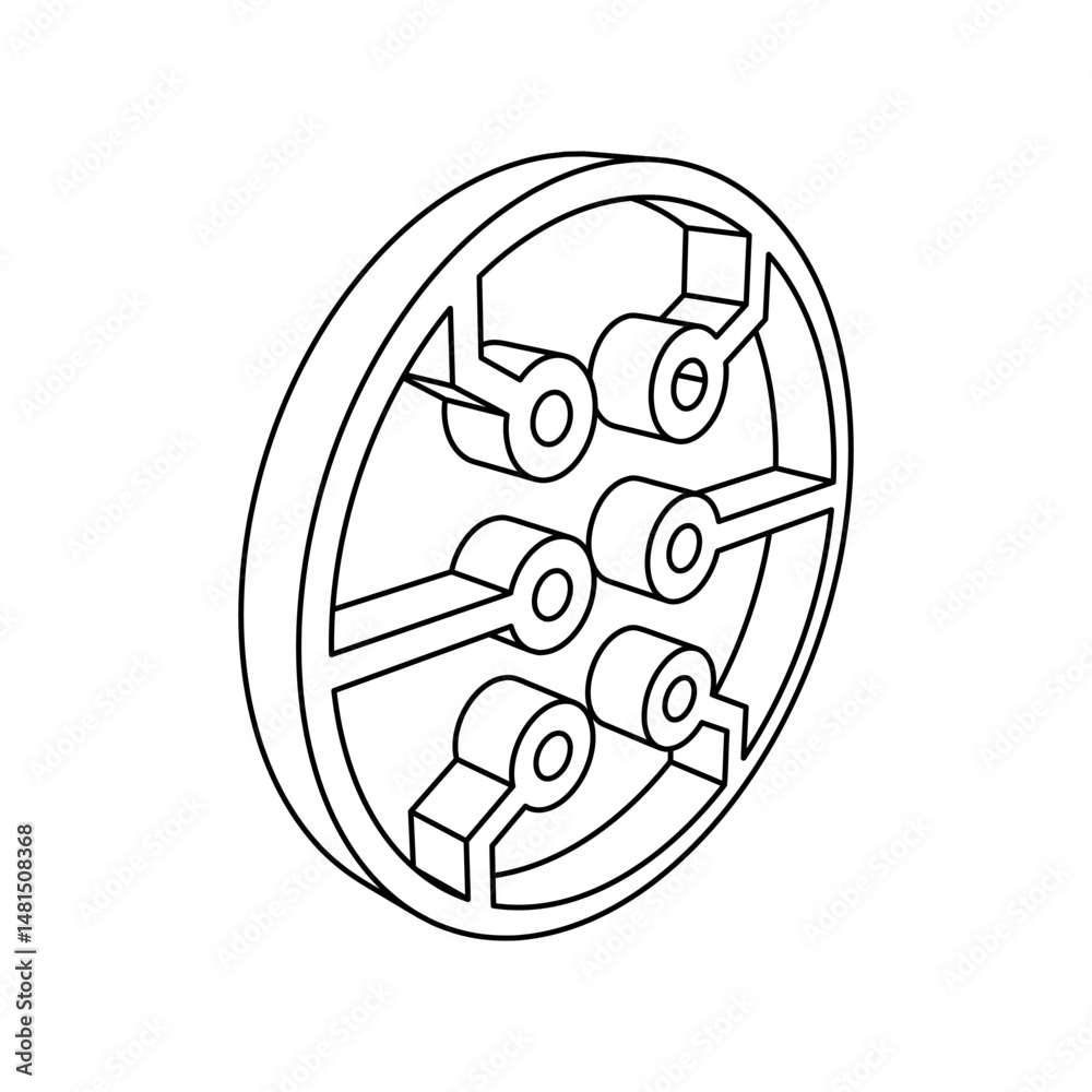 Poster the outline of a large microcircuit symbol is made with black lines. 3d view of the object in perspe