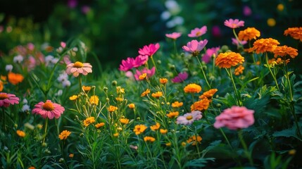A vibrant colorful meadow filled with blooming wildflowers in summer