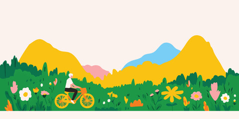 A vibrant illustration depicting a person cycling amidst a lush green meadow, showcasing the joy of outdoor exploration in a picturesque setting.