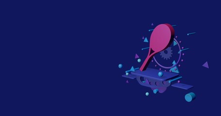 Naklejka premium Pink tennis racket symbol on a pedestal of abstract geometric shapes floating in the air. Abstract concept art with flying shapes on the right. 3d illustration on indigo background