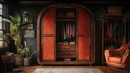 Stylish vintage wardrobe with open doors showcasing colorful garments, surrounded by lush greenery and elegant decor, perfect for interior design inspiration.