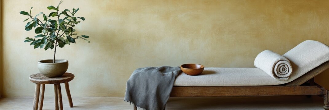 Relaxing indoor scene with chaise lounge blanket wooden stool bowl and potted tree against textured background interior design relaxation and home decor stock photo