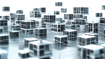 Networked urban structure representing social programs shows interconnected buildings and infrastructure in a futuristic city background