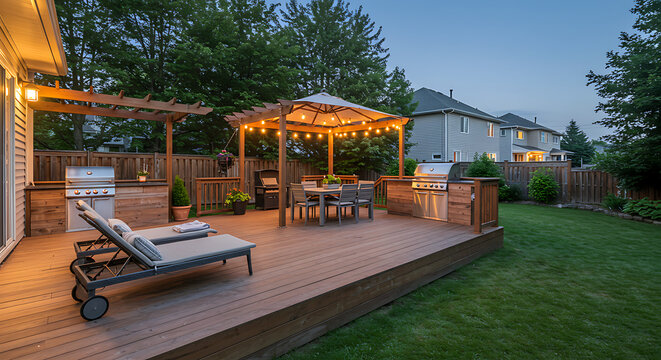 Outdoor Living Space with Grill Dining Table Lounge Chairs and String Lights - Powered by Adobe