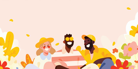 A vibrant illustration that showing friendship, joy, and togetherness, with a trio of friends laughing together in a field of vibrant flower and leaves, set against a soft, colorful backdrop.
