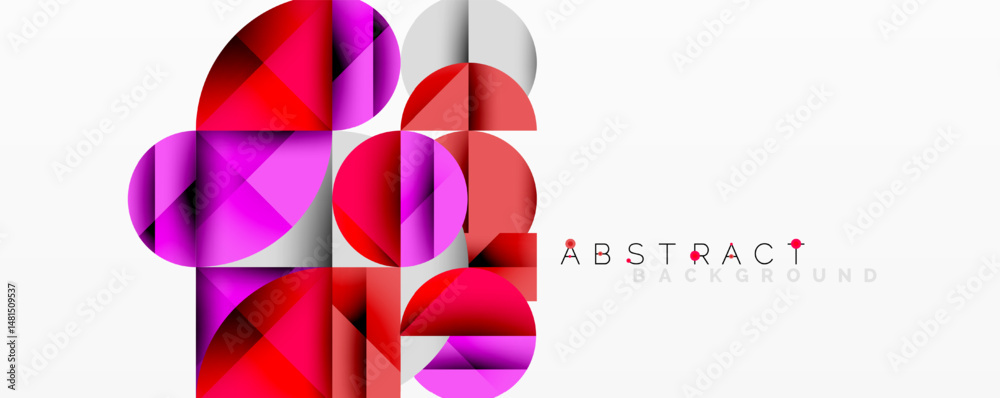 Poster geometric shapes overlap, creating vibrant red, pink, silver gradients. modern design with abstract 