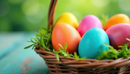 Naklejka premium Vibrant colored Easter eggs in a basket, spring holiday decoration , happy easter, macro