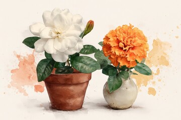 Two potted flowers, white and orange, in artistic style.