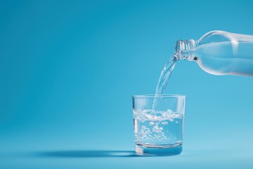 Clear water is poured from a plastic bottle into a glass, creating bubbles and a sense of movement, set against a soft, textured blue background, highlighting freshness and the simple act of hydration