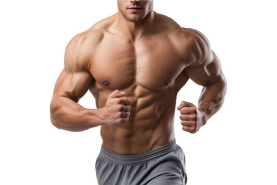 Muscular athlete in grey shorts showcasing fitness and dynamic motion, on transparent background