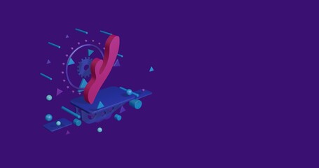 Pink sex toy symbol on a pedestal of abstract geometric shapes floating in the air. Abstract concept art with flying shapes on the left. 3d illustration on deep purple background