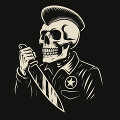 Stylized Skeleton Holding Knife with Hairstyle Wearing Jacket Illustration