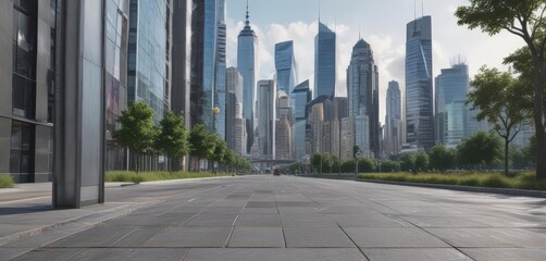 Fototapeta premium Modern city skyline backdrop, poster mockup on sidewalk, illustration, architecture, asset