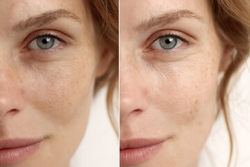 before and after skincare, close-up of face, dull to radiant skin, natural light, white background