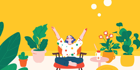 An illustration of a happy woman enjoying leisure time with a sunny feeling in home, spreading arms toward the top, The illustration focuses on the home environment.