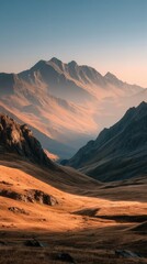 Fototapeta premium Majestic Mountain Vista: A breathtaking panoramic view of towering mountains, their rugged peaks illuminated by the soft glow of dawn, overlooking a vast expanse of rolling hills and valleys.