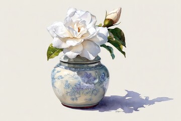 Obraz premium Detailed still life of a white gardenia in a blue and white vase.