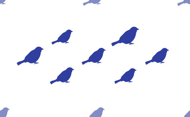 Seamless pattern of large isolated blue bird sparrow symbols. The pattern is divided by a line of elements of lighter tones. Illustration on light transparent background