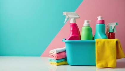 Brightly colored cleaning supplies organized neatly in a caddy , cleaning tools, pastel