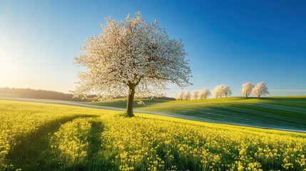 Radiant sunrise over blooming meadow and orchard, showcasing springtime vitality
