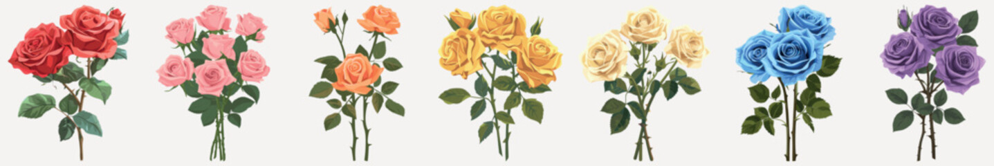 Fototapeta premium Colorful roses in a row, vector set