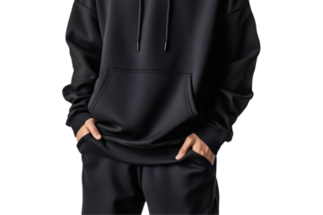 Black Hoodie Mockup with Front Pocket on Transparent Background