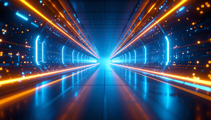 A futuristic, illuminated tunnel with glowing blue and orange lights, leading towards a bright exit, creating a sense of depth and motion