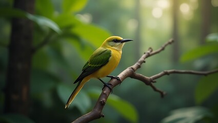 Yellow fronted barbet bird perched on branch in lush green forest wildlife photography nature scene image 