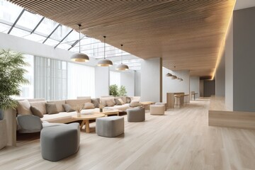A modern lounge featuring light wooden flooring, cozy seating, and minimalist design elements.