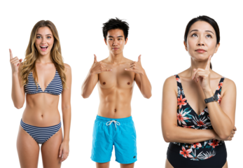 Three Individuals in Swimwear Pose: A Smiling Blonde Woman in a Striped Bikini, a Young Asian Male in Blue Shorts, and a Thoughtful Asian Woman in Floral Swimsuit