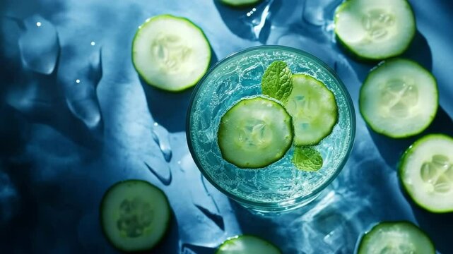 Refreshing cucumber mint drink in a glass, surrounded by cucumber slices on a dark blue surface
