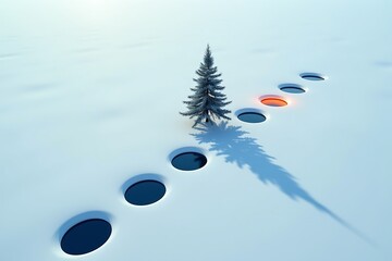 Winter snow landscape with tree and holes in ground concept art abstract cold season danger risk path way design 