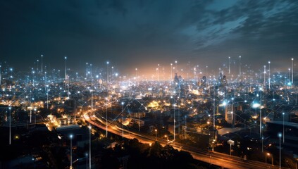 Smart city with glowing data points, creating an intelligent and connected urban environment.