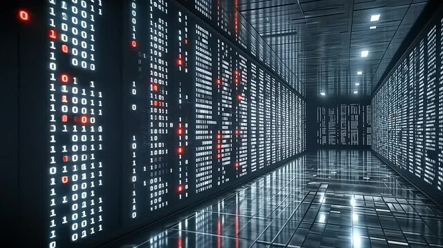 Digital Data Corridor with Neon Binary Codes