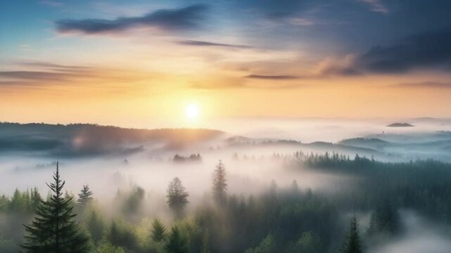 sunrise over misty forest