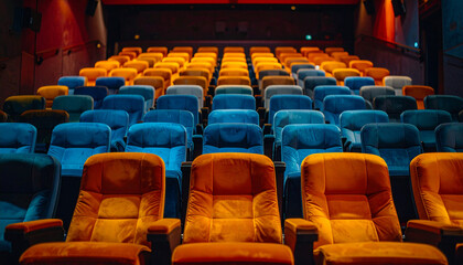 Obraz premium Empty cinema seating arrangement modern theater interior design vibrant environment aerial view