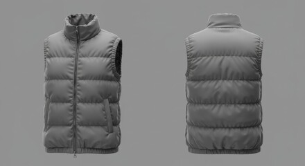 Gray puffer vest displayed in studio setting. Front and back views of a neutral color vest.