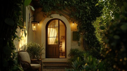 Fototapeta premium A charming doorway with warm lights and lush greenery visible