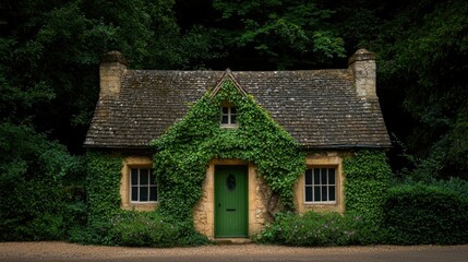 A charming stone cottage is enveloped by lush green foliage