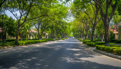 Obraz premium Serene tree-lined residential street, sunny day, lush greenery, peaceful atmosphere, suburban neighborhood.