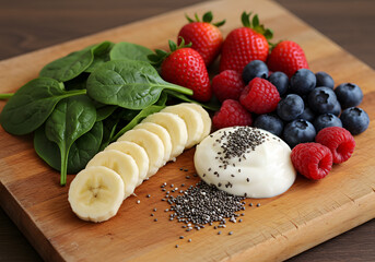 Fresh fruits and vegetables with yogurt and chia seeds