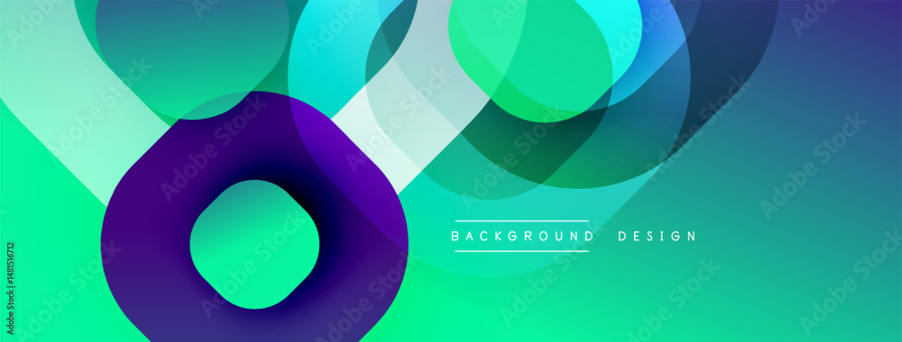 Poster abstract design features overlapping circles, vibrant turquoise, purple hues. modern aesthetic, smoo