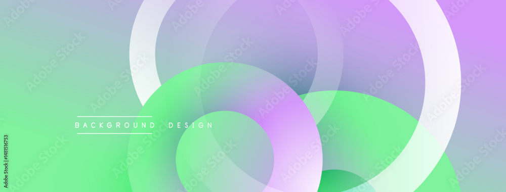Poster Abstract background features overlapping translucent circles. Colors blend from green, purple, to blue gradients. Modern design element.