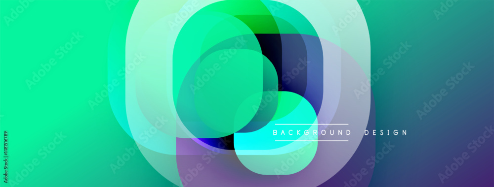 Poster Abstract vibrant layers create dynamic gradient. Circular shapes overlap, forming modern visual effect. Turquoise, purple hues dominate composition.