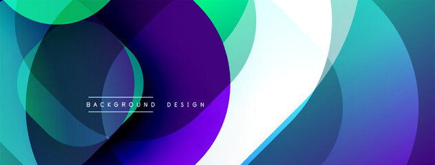 Abstract colorful circles overlap creating dynamic background. Modern design features vibrant blue, purple, green hues. Smooth gradients present visual interest.