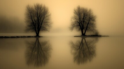 Two bare trees reflect in calm water during a foggy morning
