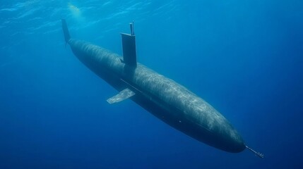 Deep sea exploration: submersible vessel in blue ocean waters background