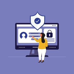 Character using cyber security services to protect private personal data. Shield With Computer